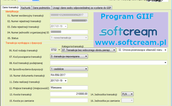 Ekran Program GIIF dane transakcji