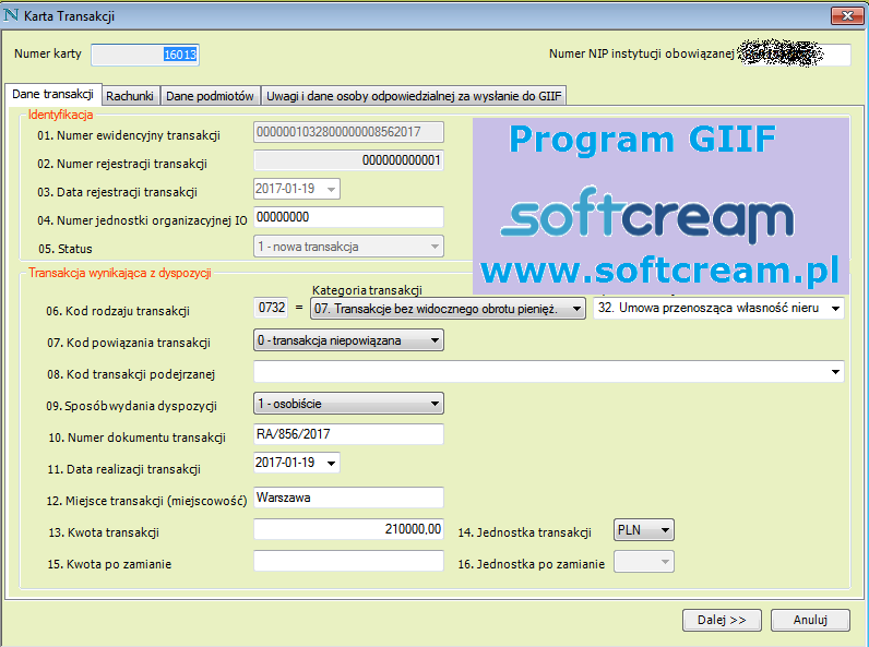 Ekran Program GIIF dane transakcji